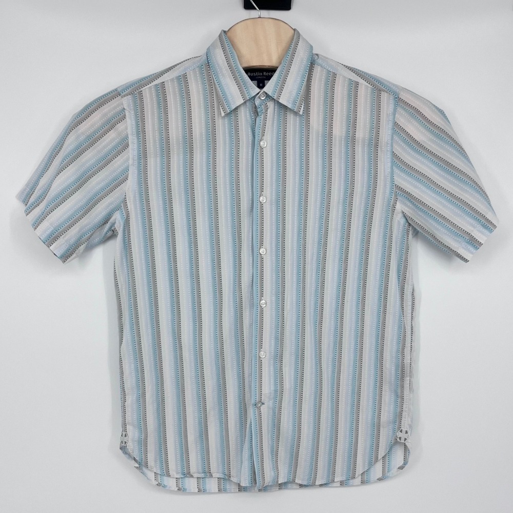 Austin Reed Button Down Shirt‎ Mens Medium Blue Grey White Striped Short Sleeve - Picture 2 of 9